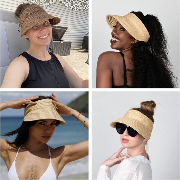 Women Sun Visor Hat Wide Brim Straw Foldable Beach Summer Packable main image 7